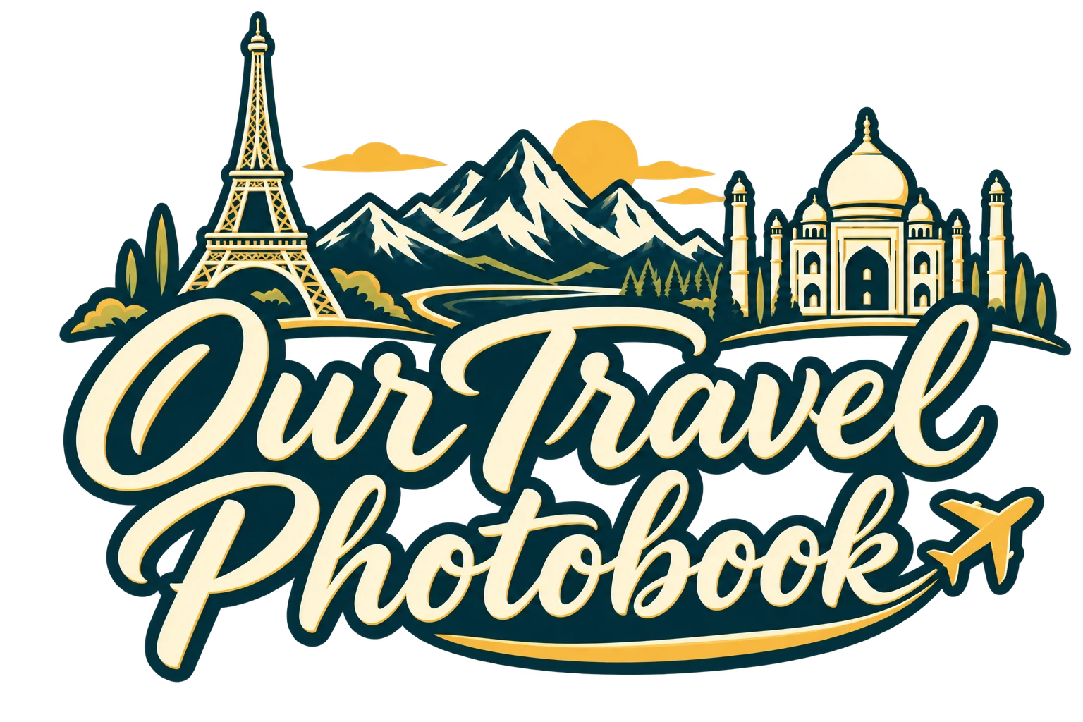 Our Travel Photobook — mountains, the Eiffel Tower, and the Taj Mahal